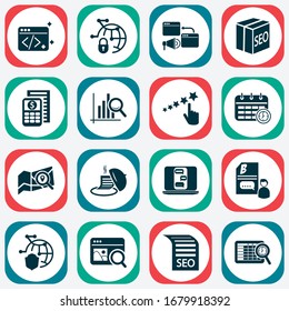 Analytics icons set with SEO package, local search, fresh content and other achievement elements. Isolated vector illustration analytics icons.