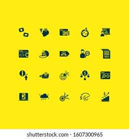 Analytics icons set with SEO specialist, geo targeting, live chat and other processing elements. Isolated vector illustration analytics icons.