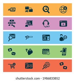 Iconos analíticos establecidos con navegación por sitios, especialista en SEO, análisis de competidores y otros elementos de estructura de sitios web. Iconos aislados de análisis de ilustraciones vectoriales.