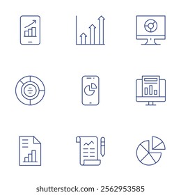 Analytics icons set. Thin Line style, editable stroke. analytics, data, mobile, pie chart, profits, smartphone.