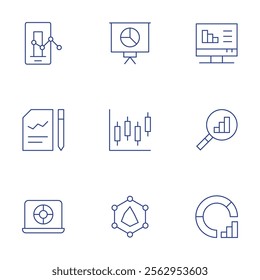Analytics icons set. Thin Line style, editable stroke. analysis, analytics, data analytics, document, laptop, presentation, renko, stats.