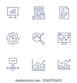 Analytics icons set. Thin Line style, editable stroke. accounting, analytics, data analytics, gear, speech bubble.