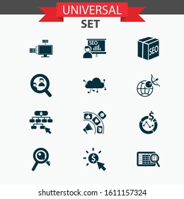 Analytics icons set with web hosting, social media promotion, pay per click and other network elements. Isolated vector illustration analytics icons.