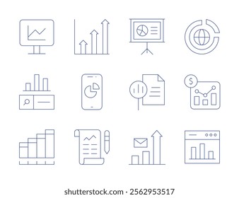 Analytics icons. Thin Line style, editable stroke. analytics, data, data analytics, graph, growth chart, presentation, profits, report, smartphone, statistics, stats.