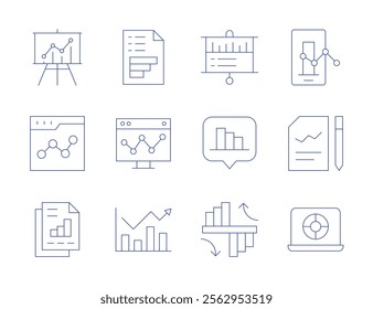 Analytics icons. Thin Line style, editable stroke. analytics, business report, comparison, data analytics, document, laptop.