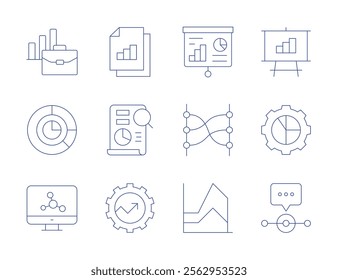 Analytics icons. Thin Line style, editable stroke. analytics, computer, data analytics, file, gear, management, presentation, relations, speech bubble, stats.