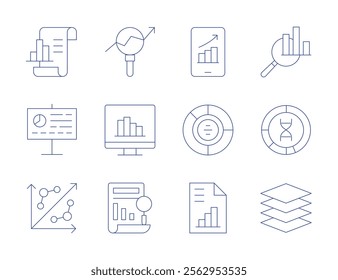 Analytics icons. Thin Line style, editable stroke. analytics, assessment, chart, data analytics, donut chart, layers, mobile, pie chart.