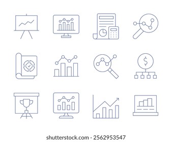 Analytics icons. Thin Line style, editable stroke. accounting, analysis, analytical, analytics, presentation, report, trophy.