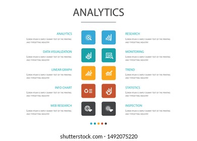 analytics Infographic 10 option concept.linear graph, web research, trend, monitoring icons