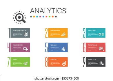 analytics Infographic 10 option line concept.linear graph, web research, trend, monitoring simple icons