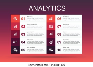 analytics Infographic 10 option template. linear graph, web research, trend, monitoring simple icons