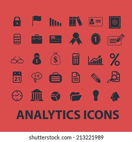 analytics, infographics, presentation isolated icons, signs, symbols, illustrations, silhouettes, vectors set
