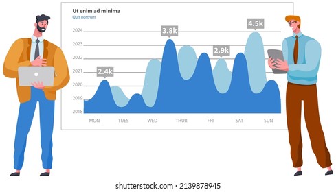 Analytics information and development statistics. Dashboard seo optimization, digital info. Presenters show statistical indicators and data on diagram. Colleagues giving presentation of report