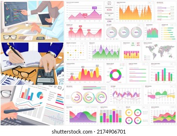 Analytics information and development statistics. Dashboard seo optimization, digital info. Presenters show statistical indicators and data on diagram. Colleagues giving presentation of report