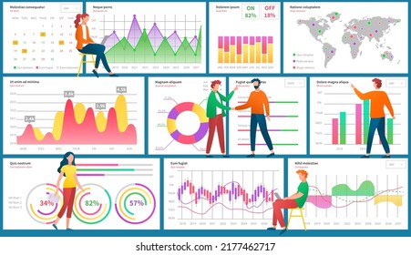Analytics information and development statistics. Dashboard seo optimization, digital info. Presenters show statistical indicators and data on diagram. Colleagues giving presentation of report