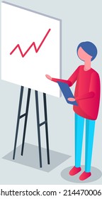 Analytics information and development statistics. Web analysis measure, product testing technology. Man analyses dashboard seo optimization, digital report. Statistical indicators and data on diagram