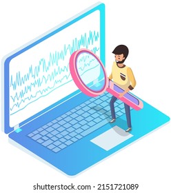 Analytics information and development statistics. Web analysis measure, product testing technology. Man analyses dashboard seo optimization, digital report. Statistical indicators and data on diagram