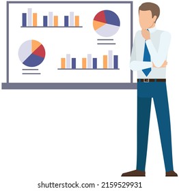 Analytics information and development statistics. Web analysis measure, product testing technology. Man analyses dashboard seo optimization, digital report. Statistical indicators and data on diagram