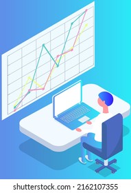 Analytics information and development statistics. Web analysis measure, product testing technology. Man analyses dashboard seo optimization, digital report. Statistical indicators and data on diagram