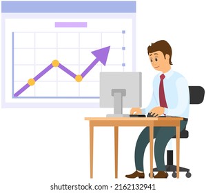 Analytics information and development statistics. Web analysis measure, product testing technology. Man analyses dashboard seo optimization, digital report. Statistical indicators and data on diagram