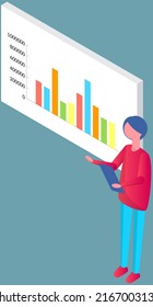 Analytics information and development statistics. Web analysis measure, product testing technology. Man analyses dashboard seo optimization, digital report. Statistical indicators and data on diagram