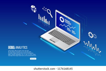 Analytics information on laptop. Big data analysis tools. Isometric design modern vector illustration.