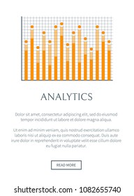 Analytics internet page and text sample, buttons and letterings, business chart of yellow color, vector illustration isolated on white background