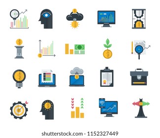 Analytics and investment flat icons set