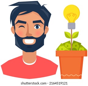 Analytics investment, growth economy concept. Cultivation of ideas, financial planning. Plant pot with light bulb and banknotes, bills. Man winks one eye near money tree. Person grows money and idea