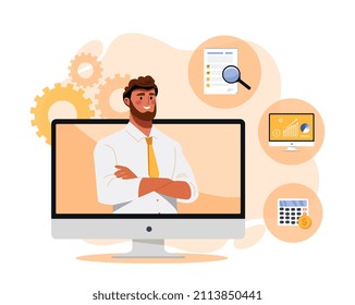 Analytics investment icons. Man stands with crossed arms at monitor screen. Financial literacy and successful entrepreneur. Business development training, webinar. Cartoon flat vector illustration