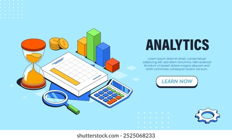 Cartel isométrico de Analytics. Lupa, Portapapeles y relojes de arena. Alfabetización económica y financiera. Beneficios y estadísticas. Ilustración vectorial volumétrica aislada sobre fondo blanco