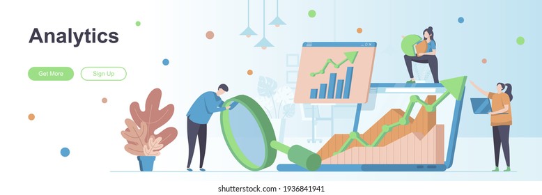 Analytics landing page with people characters. Business indicators analysis banner. Financial statements, market reserch vector illustration. Flat concept great for social media promotional materials.