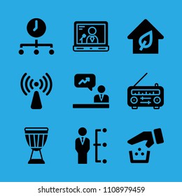 analytics, laptop, radio, recycling, time, manager, non ionizing radiation, drum and eco house vector icon. Simple icons set