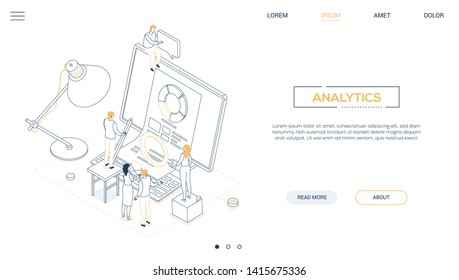 Analytics - Line Design Style Isometric Web Banner On White Background With Copy Space For Text. A Header With Business Team Standing Next To Computer With Diagram On Screen, Discussing The Results