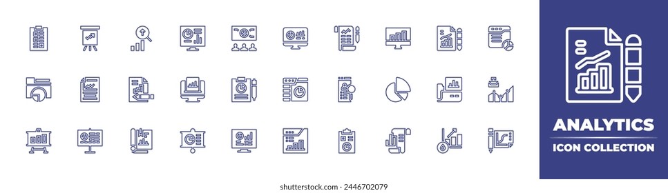 Analytics line icon collection. Editable stroke. Vector illustration. Containing dashboard, pie chart, analytics, data analytics, analytic, analysis, data, monitoring, clipboard.