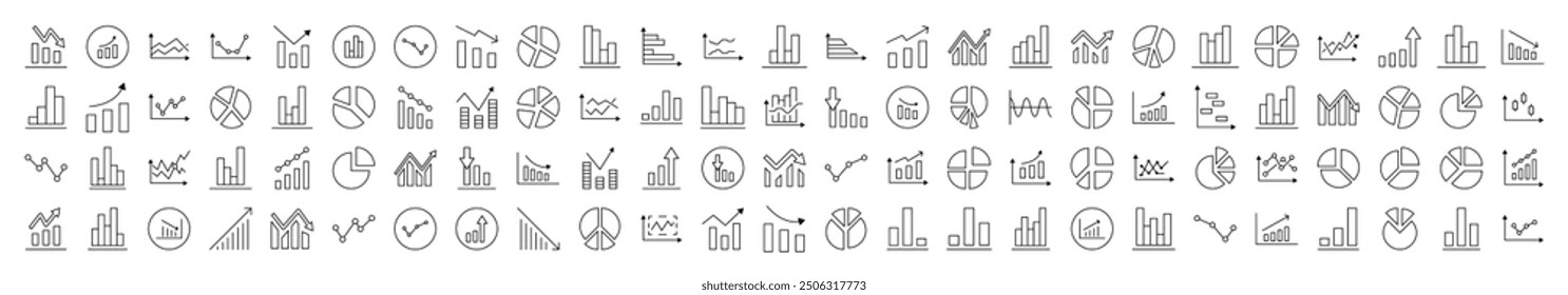 Analytics Line Icon Collection. Modern Collection for Design, Web Sites, Apps, Cards. Contains Linear Images of Progress, Business, Growth