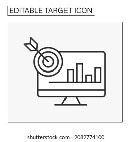 Analytics line icon. Company analytics research on computer. Direct hit into bull eye. Audience explore. Target concept. Isolated vector illustration. Editable stroke