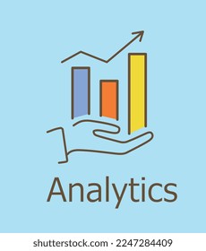 Icono de línea de análisis. Mano tiene un gráfico creciente, investigación de marketing, infografía y trabajo con estadísticas. Metáfora para la construcción de marca para empresa u organización. Dibujo vectorial plano de dibujos animados