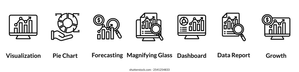 Conjunto de ícones de linha de análise. Visualização, Gráfico De Pizza, Previsão, Lupa, Painel, Relatório De Dados, Crescimento