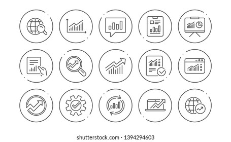 Analytics line icons. Reports, Charts and Graphs. Data statistics linear icon set. Line buttons with icon. Editable stroke. Vector