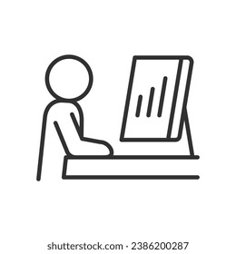 Analytics, linear icon. Person looking into a screen with a chart. Line with editable stroke