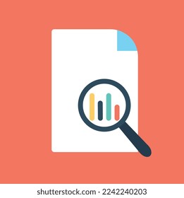 Analytics list icon. Magnifying glass aimed at graphs, diagrams and charts. Working with statistics and information, marketing research. Poster or banner for website. Cartoon flat vector illustration