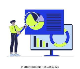 Analytics magnifying glass 2D illustration concept. Enlarging loupe analyst computer cartoon character isolated on white. Analysis data in product management metaphor abstract flat vector graphic