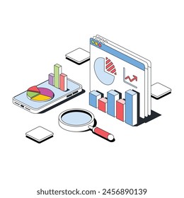 Analytics, magnifying glass, charts on a mobile phone, modal window. Vector 3d line isometric, color web icons, new flat style. Creative design idea for infographics.