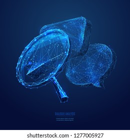 Analytics. Magnifying glass and dialogue clouds. Digital Vector low poly wireframe in the form of starry sky or space, consisting of points, lines, and shapes in the form of stars with destruct shapes