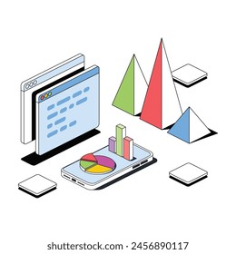 Analítica, lupa, ventana modal, gráficos en un teléfono móvil. Vector 3d línea isométrica, color web iconos, nuevo estilo plano. Idea de diseño creativo para infografías.