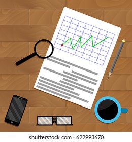 Analytics with magnifying glass. Report result infochart and diagram, vector illustration