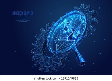 Analytics. Magnifying glass and two gears. Gearing vector low poly wireframe in the form of starry sky or space, consisting of points, lines, and shapes in the form of stars with destruct shapes