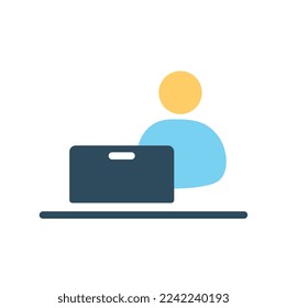 Analytics man icon. Young guy behind laptop, stylish logotype for company or organization. Workplace worker doing market research. Poster or banner for website. Cartoon flat vector illustration