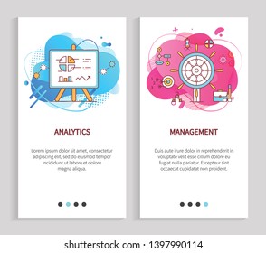 Analytics and management, board with growth chart, statistic report, business cooperation, communication symbol on abstract liquid shape vector. Website or app slider, landing page flat style
